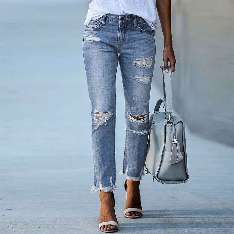 New Pencil Pants Ripped Slim Fit High Waist Vintage Streetwear Casual Fashion Stretch Blue Jeans Woman - KAISERINC
