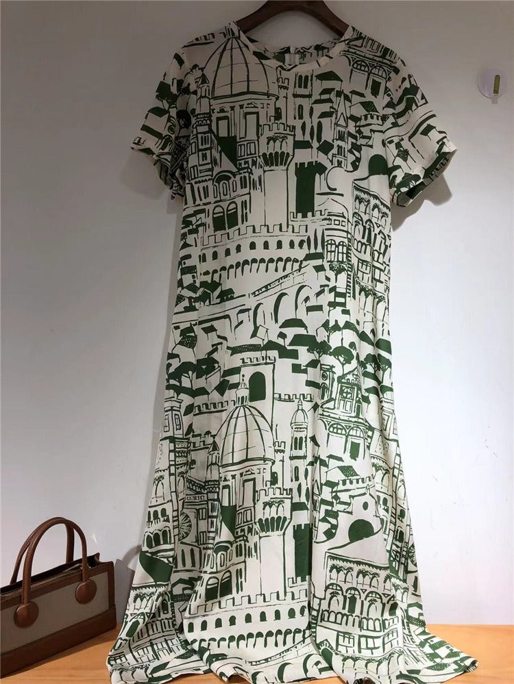 Women Vintage Architecture Print Short Sleeve Silk A-Line Dress - KAISERINC