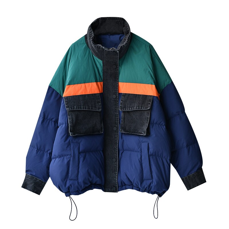 Korean Casual Neutral Stitching Color Cowboy stitching loose Standing Collar White Duck Down Jacket