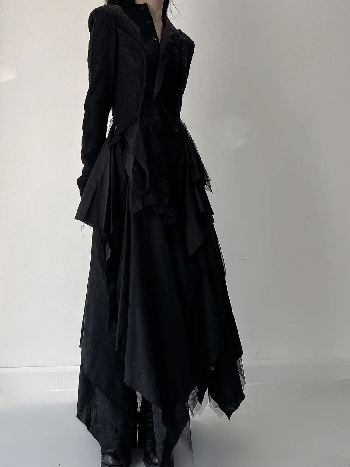 Solid Spliced Lace Blouses For Women Round Neck Long Sleeve Tunic Irregular Hem Skimming Shirt - KAISERINC