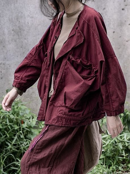 Artistic large pocket drawstring lace up short windbreaker High density cotton casual short jacket - KAISERINC