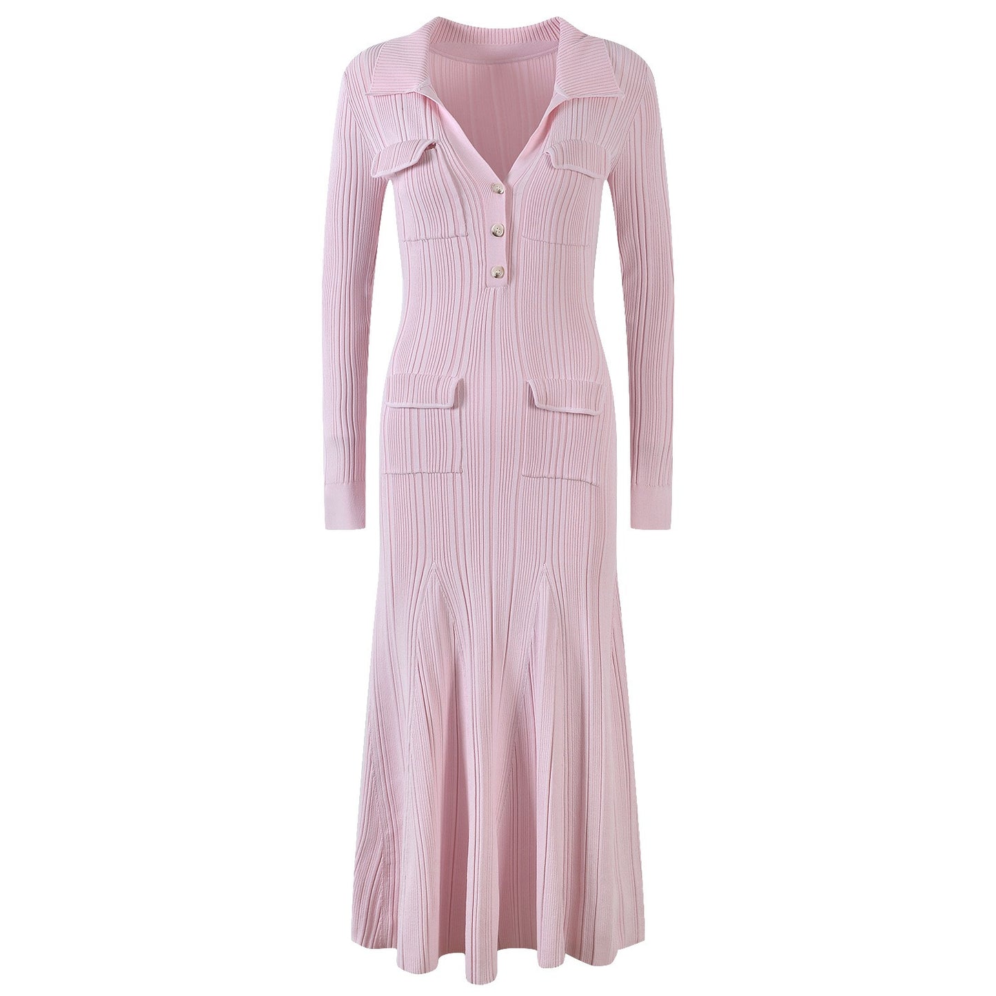 Women's pink knitted medium-length dress senior sense of fashion temperament polo collar waist-skimming long dress - KAISERINC