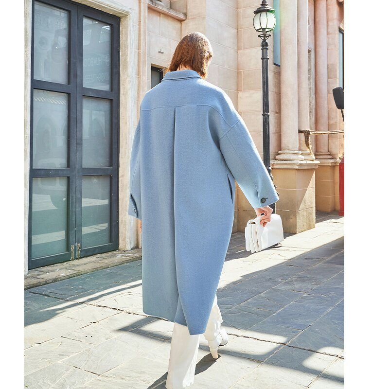 AEL winter wool double woolen coat women Gray-blue Retro wide sleeves overcoat fashion loose lady long outcoat - KAISERINC