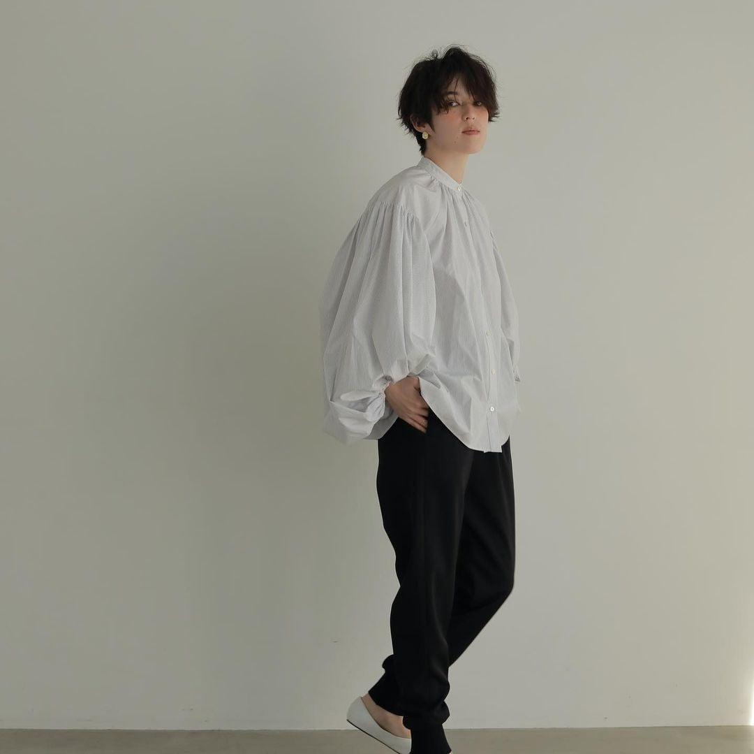 Elegant Lantern Sleeve Loose Shirts Tops Stand Collar Single Breasted Solid Blouse - KAISERINC