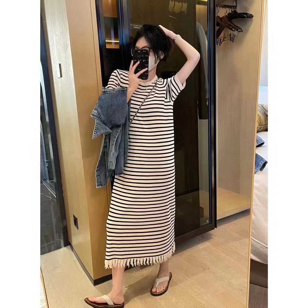 Black Knit Striped Dress Short Sleeve Women Dress maxi dress summer women staight dress - KAISERINC