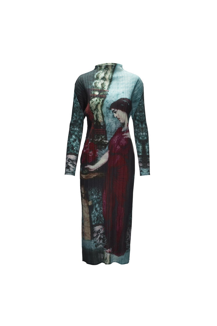 Spring New Pleated Dress Women's Retro Print Casual Personality Long Sleeve Mid-Length Dress