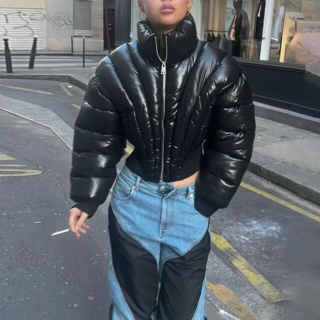 Bubble Puffer Coats Crop Black Jacket Casual Thick Warm Down Cropped Coat Women Y2K Clothes Streetwear Winter Sexy Jakcets - KAISERINC