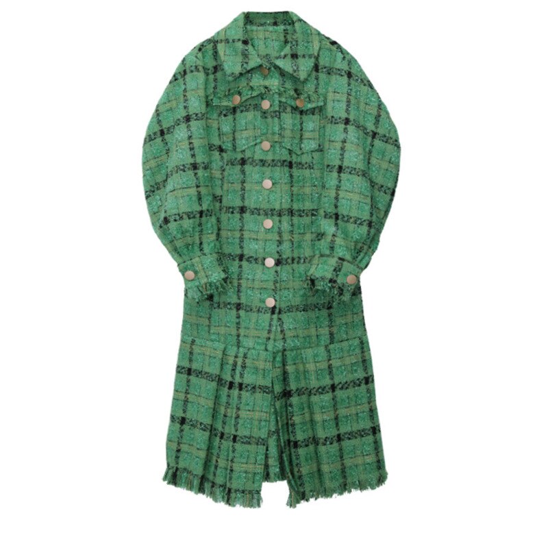 Loose Fit Green Plaid Pleated Elegant Woolen Coat Parkas New Long Sleeve Women Fashion Autumn Winter - KAISERINC