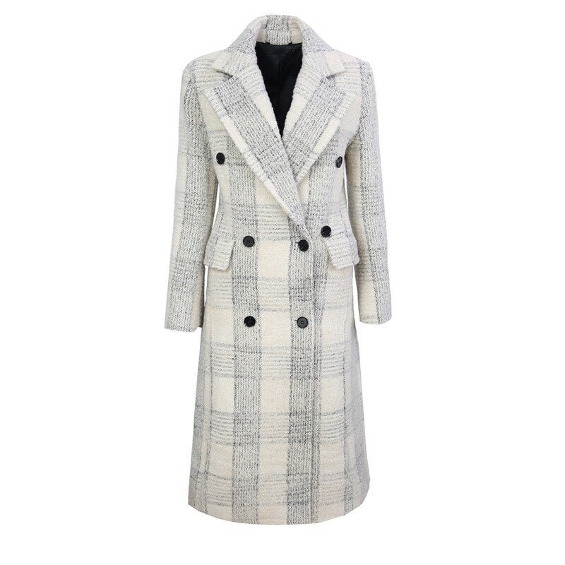 Loose Fit White Plaid Elegant Long Woolen Coat Parkas New Long Sleeve Women Fashion Trend Autumn Winter - KAISERINC