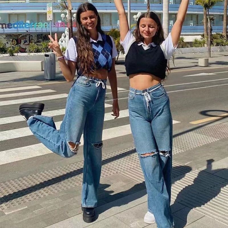 Summer New Fashion Ripped Loose Flared Jeans For Women Street Hipster Casual Denim Straight Pants - KAISERINC