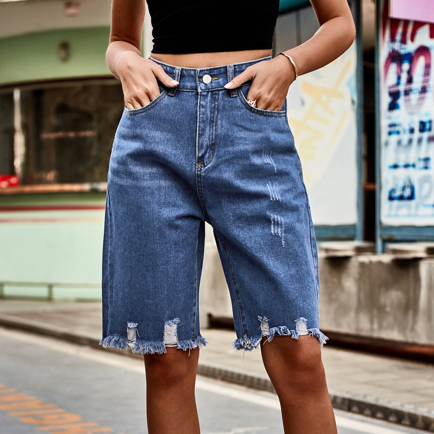 Women Denim Shorts High Waist Ripped Jeans Shorts Street Denim Perforated Fashion Fur Fringe Five-Point Shorts - KAISERINC