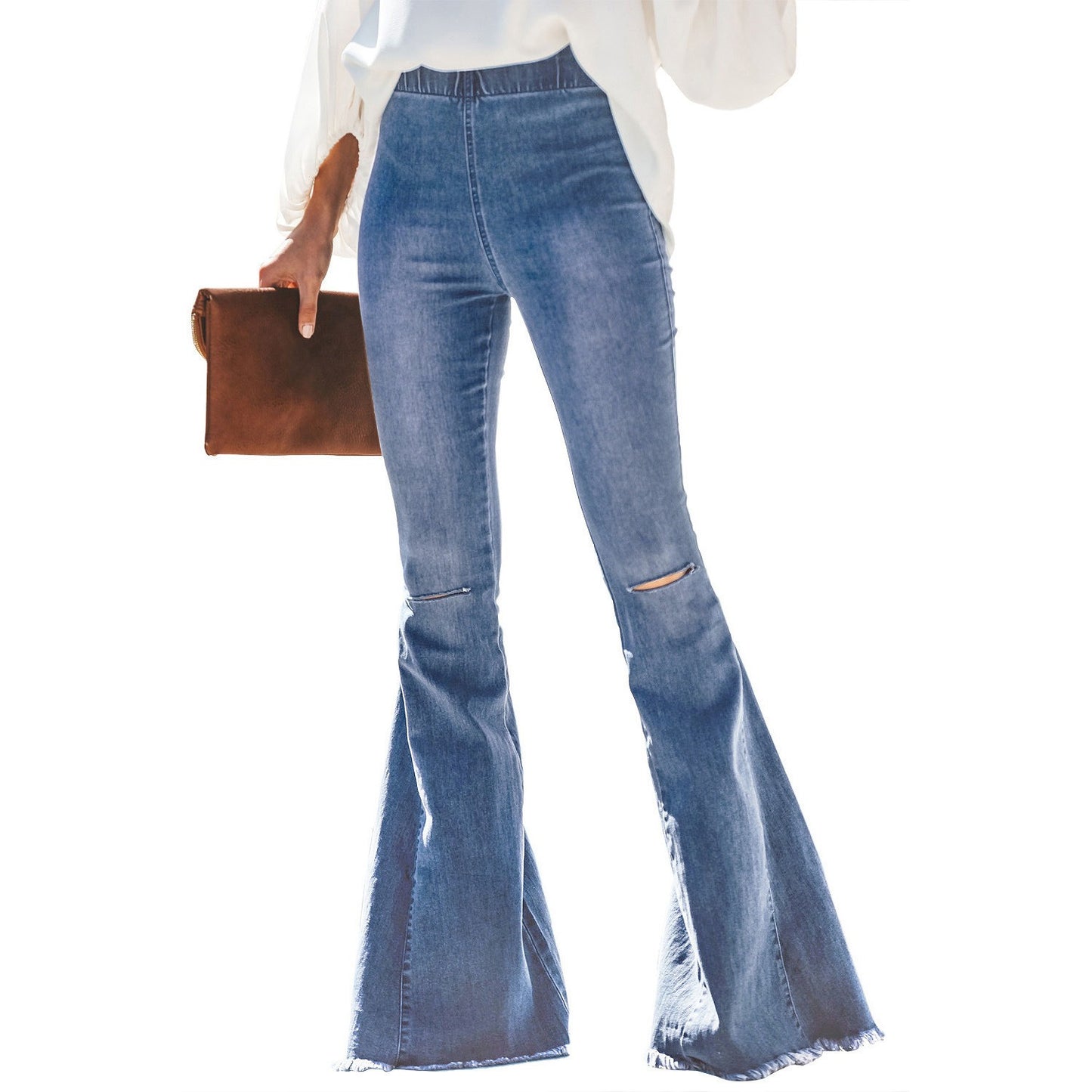 New Black and Blue Women's High Waist Denim Flared Pants Ripped Elastic Waist Jeans - KAISERINC
