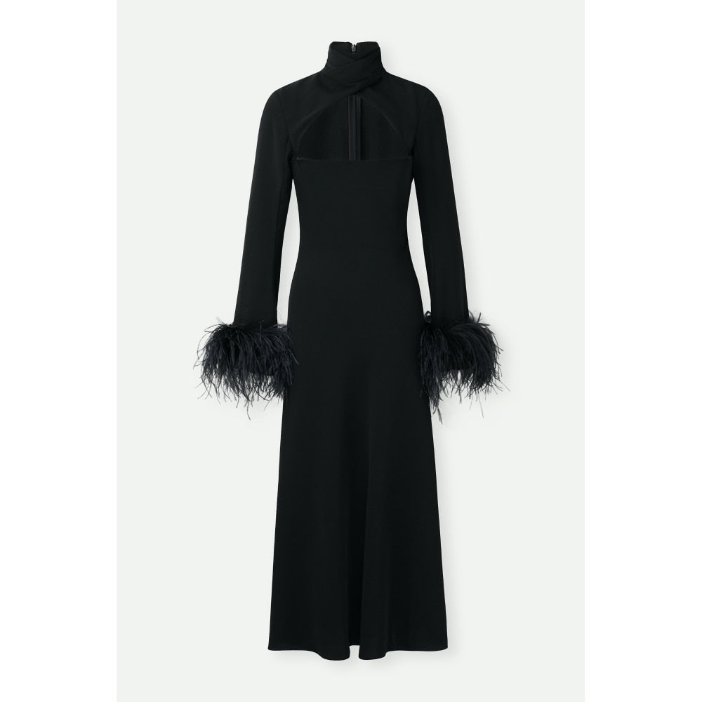 16AR Customized Women Black Ostrich Feather Trimmed Sleeve Cut-out Black Midi Party Dress High Quality Evening Wedding Dress - KAISERINC