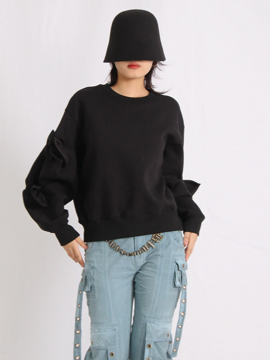 Patchwork Bow Sweatshirts For Women Round Neck Long Sleeve Loose Casual Pullover Solid Sweatshirt Female Fashion - KAISERINC