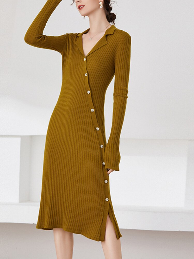 Autumn New Wool Knitted Women Dress French Style Medium-length Waist-skimming Sweater Dress High Quality Robe Dress