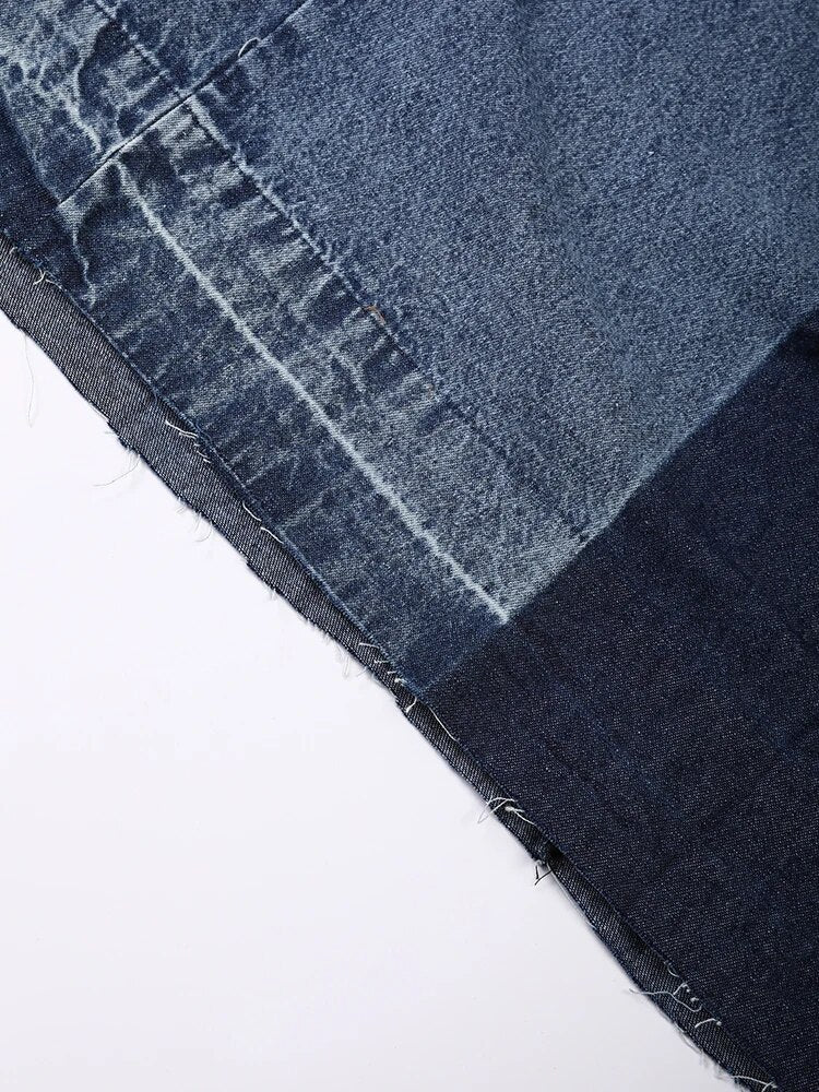 Navy Blue Denim Color-block Wide Leg Jeans High Waist New Loose Women Trousers Fashion Tide Spring Autumn