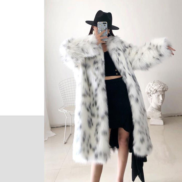 Fashion Fluffy Warm Faux Fur Jacket Women Lapel Long Elegant White Leopard Faux Mink Fur Coat Jackets - KAISERINC