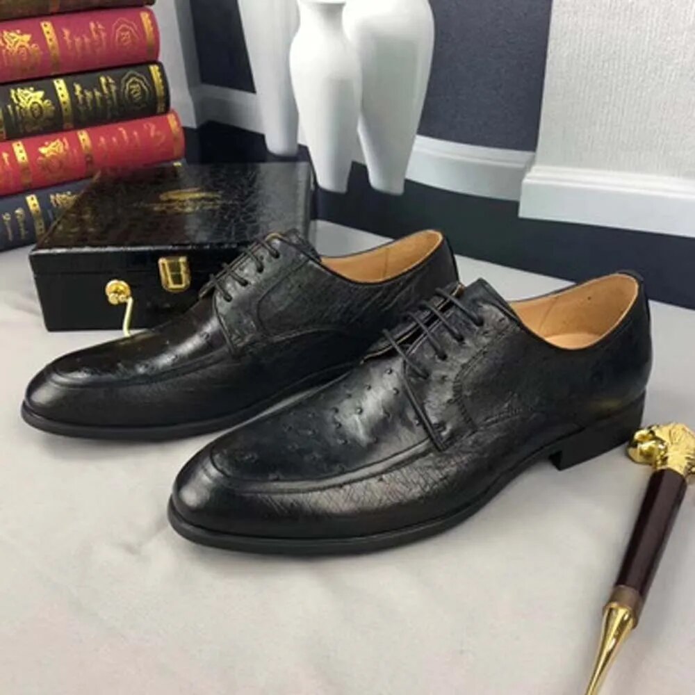 ousidun new Ostrich leather male Dress shoes business leisure Round head Men's leather shoes men formal shoes