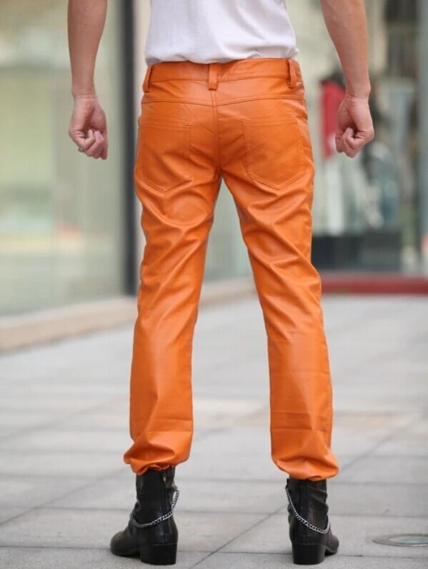 Azazel Free shipping 2020 New style Fashion leather pants Men orange Slim leather pants Nightclub male Plue Size trousers 29-39