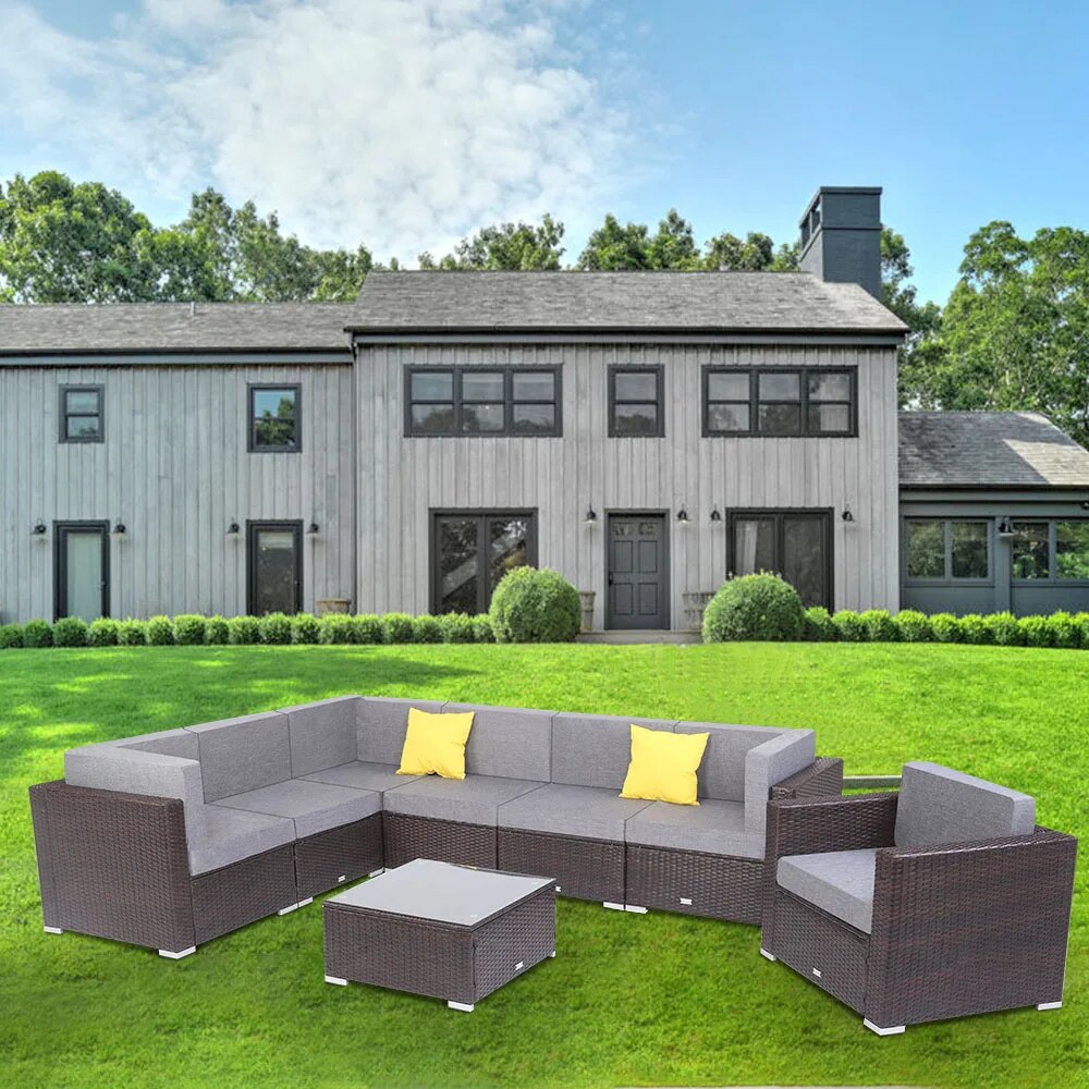 US Warehouse 8 Pieces Patio PE Wicker Rattan Corner Sofa Set Outdoor Furniture Set for the Outdoors and Garden
