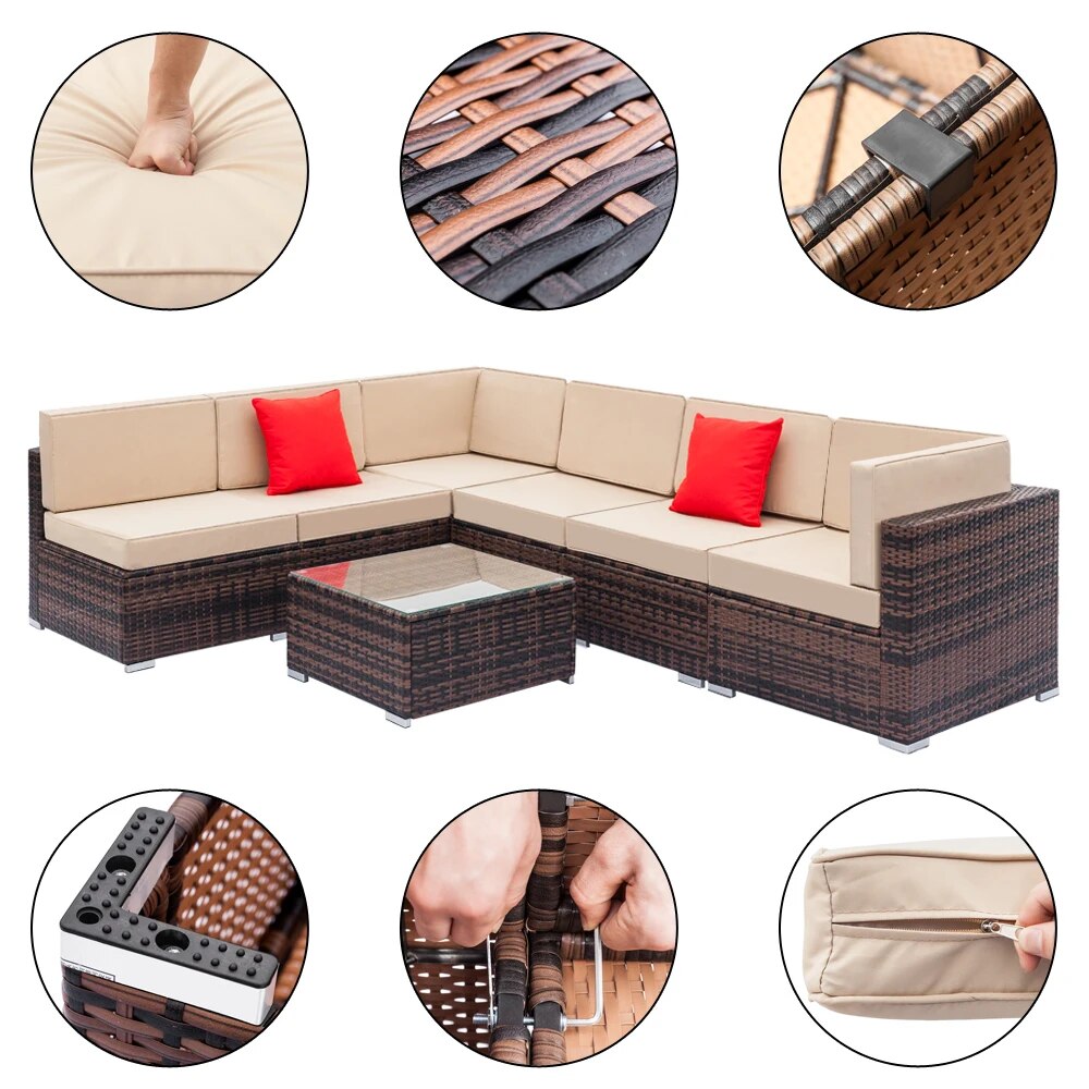 7 Pieces Outdoor Sectional Sofa Patio Furniture Sets PE Rattan Wicker Patio Conversation Set with 6pcs Sofas & 1pcs Coffee Table