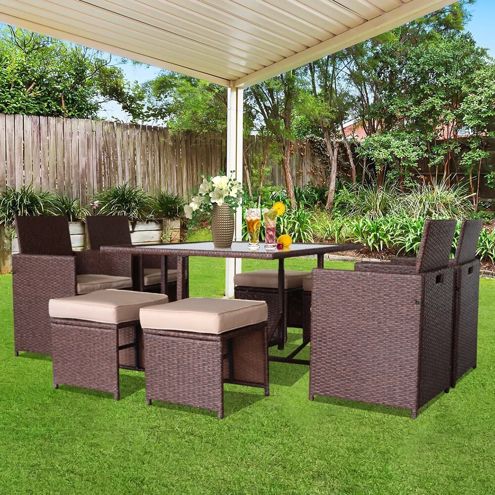 US Warehouse9 Pieces Wood Grain PE Wicker Rattan Dining Ottoman with Tempered Glass Table Patio Furniture Set Outdoor Furniture
