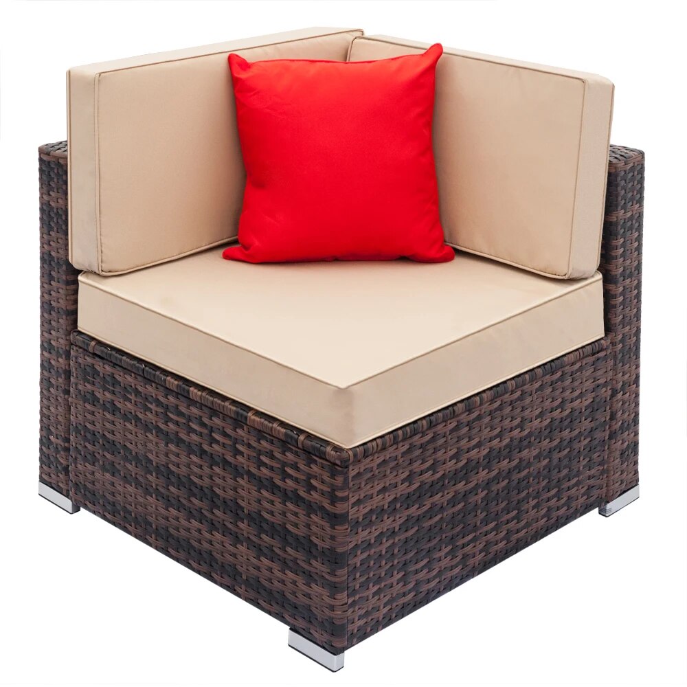 Patio Furniture Set Fully Equipped Weaving Rattan Sofa Set with 2pcs Corner Sofas & 2pcs Single Sofas & 1 pcs Coffee Table Brown