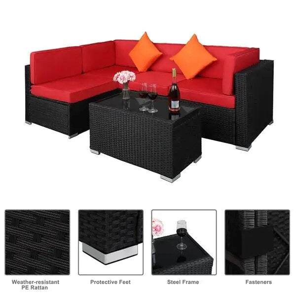 Rattan Furniture Set 5 Piece Patio Waterproof Durable 2 Corner/Armless Sofa 1 Insulated Coffee Table 10 Cushions 2 Hold Pillows
