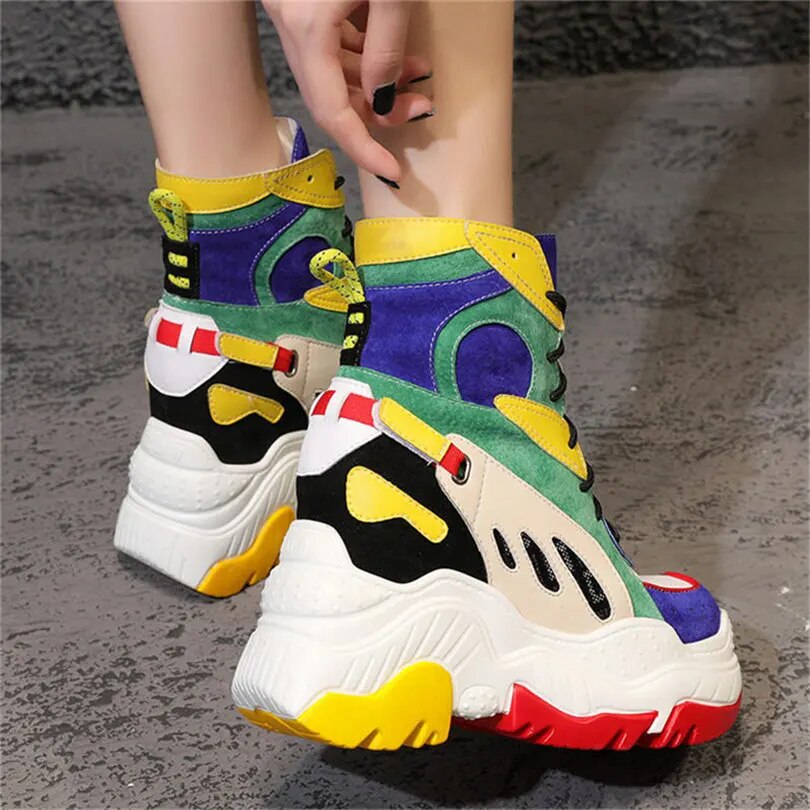 Punk Goth Creepers Women Lace Up Genuine Leather Wedges High Heel Ankle Boots Female High Top Chunky Platform Fashion Sneakers