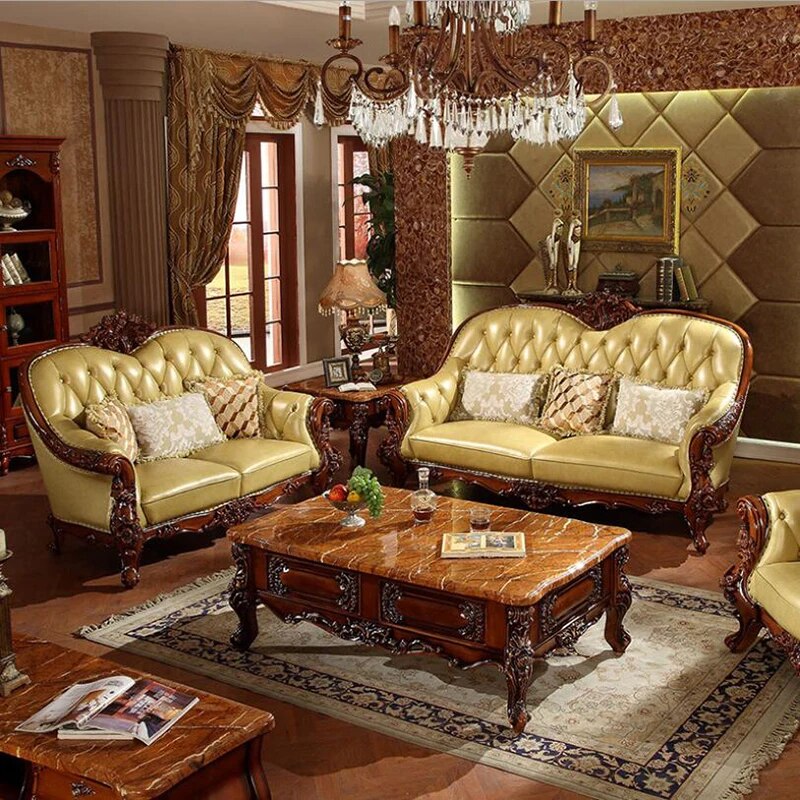 high quality European antique living room sofa furniture genuine leather set xhs003