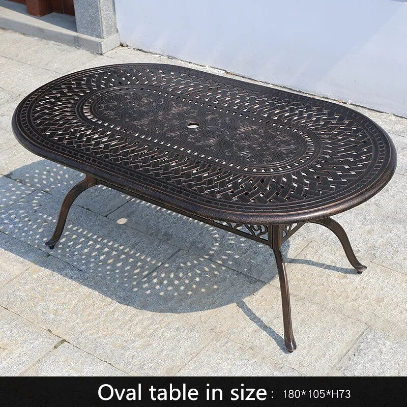 set of 7-piece cast aluminum patio furniture dining set with oval table 180cm and 6 K/D chairs durable all-weather bronze color