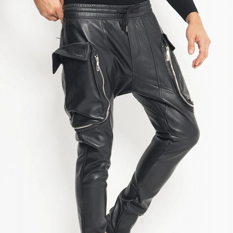 Fashion New Mens Casual Big Pockets Elastic Waist Joggers Harem Pants Sheepskin Genuine Leather Pants Drop Crotch Cross Pants 35