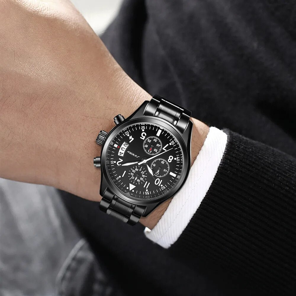 SINOBI High Quality Pilot Men's Chronograph Wrist Watch Waterproof Luxury Brand Stainless Steel Diver Males Geneva Quartz Clock