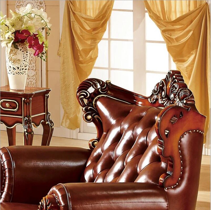 high quality European antique living room sofa furniture genuine leather set p10302