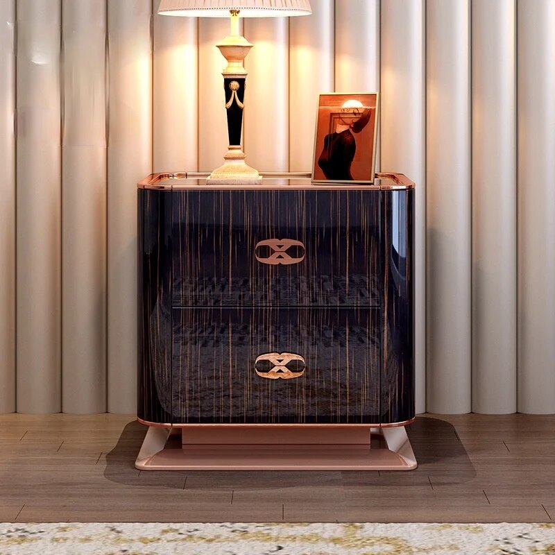 Bedside table gold silk ebony bright paint bedroom luxury square corner several full solid wood furniture