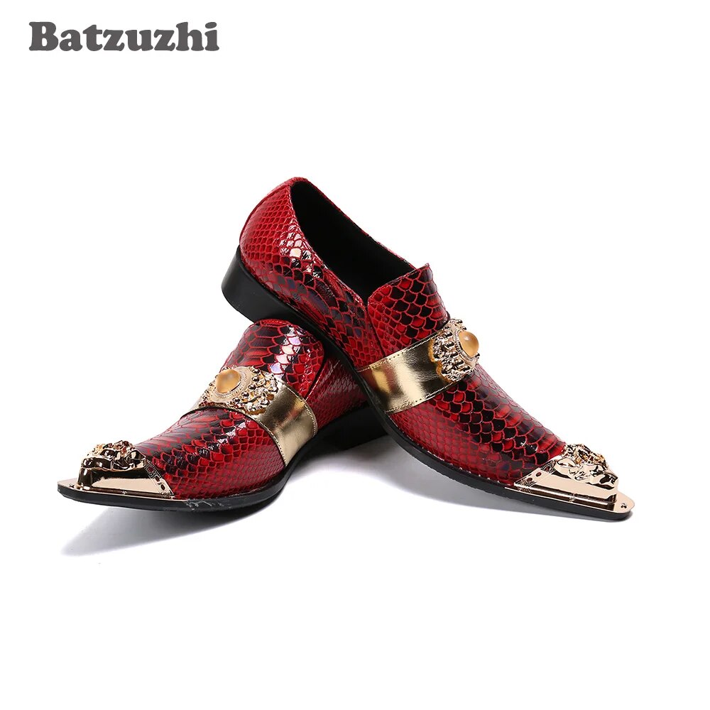 Batzuzhi Luxury Handmade Men's Shoes Gold Metal Toe Genuine Leather Dress Shoes Men Red Party and Wedding Zapatos Hombre, US6-12