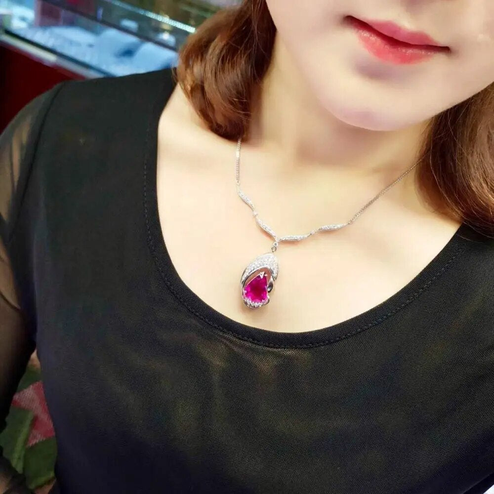 Fine Jewelry Real Pt900 Platinum Gold 100% Natural Rubi Tourmaline 8.25ct Female Diamond Gemstones Diamonds Pendants Necklaces