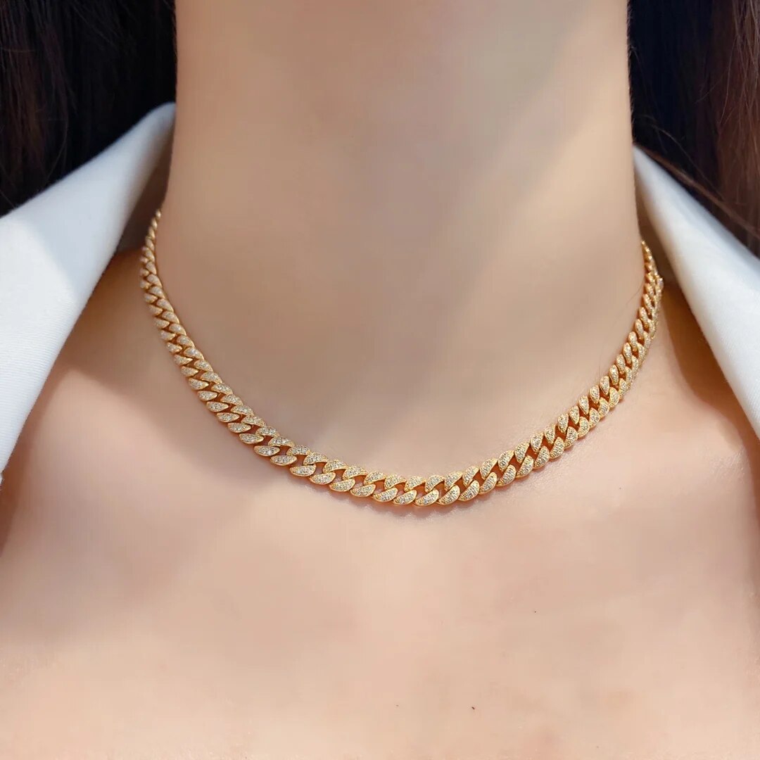 16 Inch 18k Yellow Gold Diamond Hip Hop Cuban Link Chain Miami Necklace Jewelry for Women