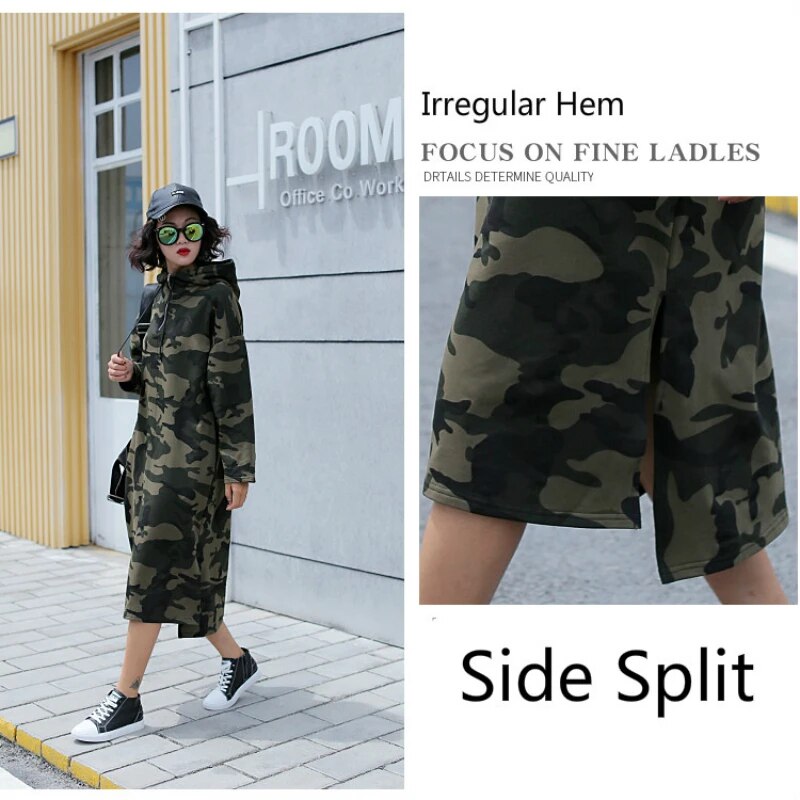 Autumn Basic Hooded Dress Sweatshirts Women Korean Fashion Camouflage Hoodies New Long Outwear Split Casual Pullover Vestido