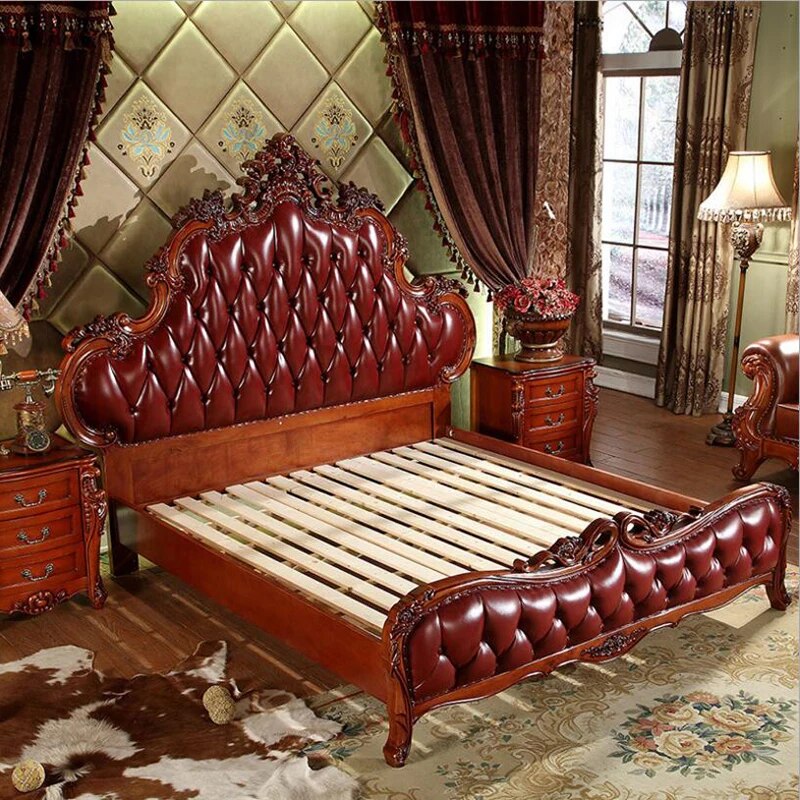 modern european solid wood bed 2 people Fashion Carved leather french bedroom furniture xhc0014