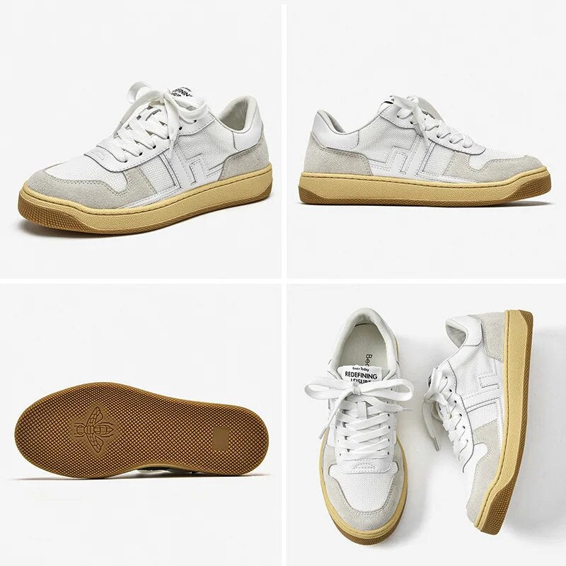 BeauToday Casual Sneakers Women Cow Leather Mesh Round Toe Patchwork Mixed Colors Lace-up Trainers Lady Flat Shoes 29223