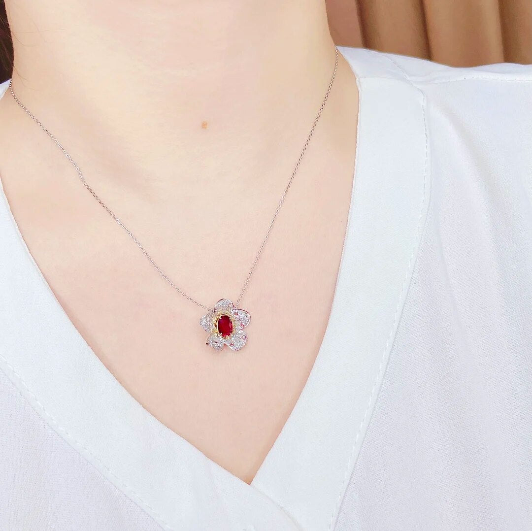 LR716 Solid 18K Gold Diamond Nature Flower Red Ruby 1.2ct Gemstones Female's Classic Diamonds Jewelry Necklaces