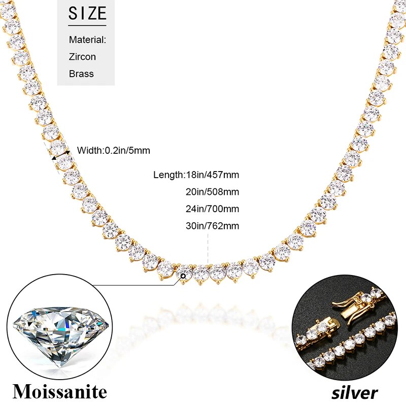 4mm 925 Sterling Silver Moissanite Diamond Tennis Chain 3 Claw Hip Hop Necklace For Men Women Jewelry 2021 Dropshipping