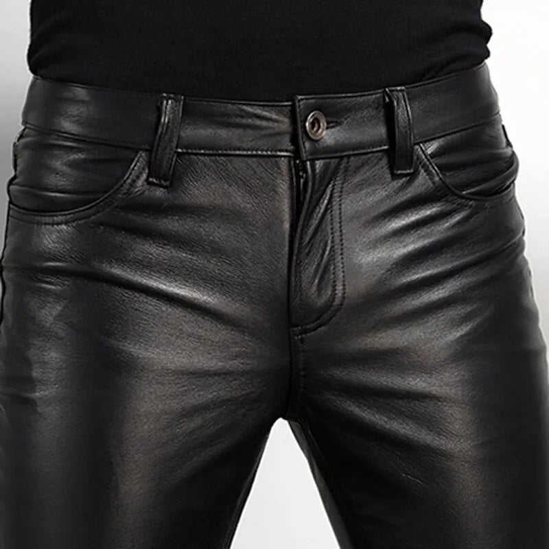 Men's Leather Biker Pants Motorcycle Punk Rock Tight Gothic Slick Smooth Shiny Trousers Sexiest Tj01
