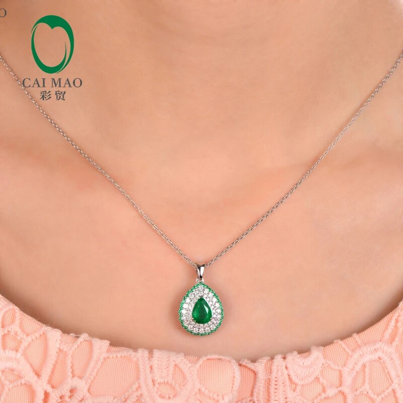 18K/Au750 Pear Shape 1.63ctw Natural Emearld & Diamonds Engagement Pendant Caimao Jewelry