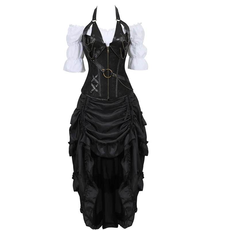bustiers corset skirt three-piece leather dress corset steampunk pirate lingerie corsetto irregular burlesque plus size black