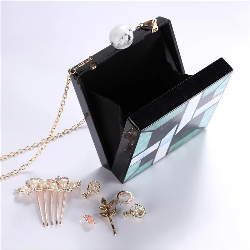 Patchwork Acrylic Handbags Evening Clutches Wedding Party Wallets Purse for Women Chain Shoulder Bag Ladies Dropshipping