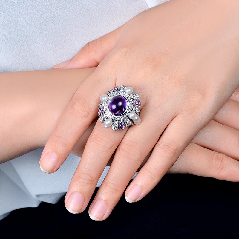 7.25ct Natural Amthyst 1.82ct Natural Diamonds and 0.42ctw Amethyst Pearl 14K White Gold Engagement Ring