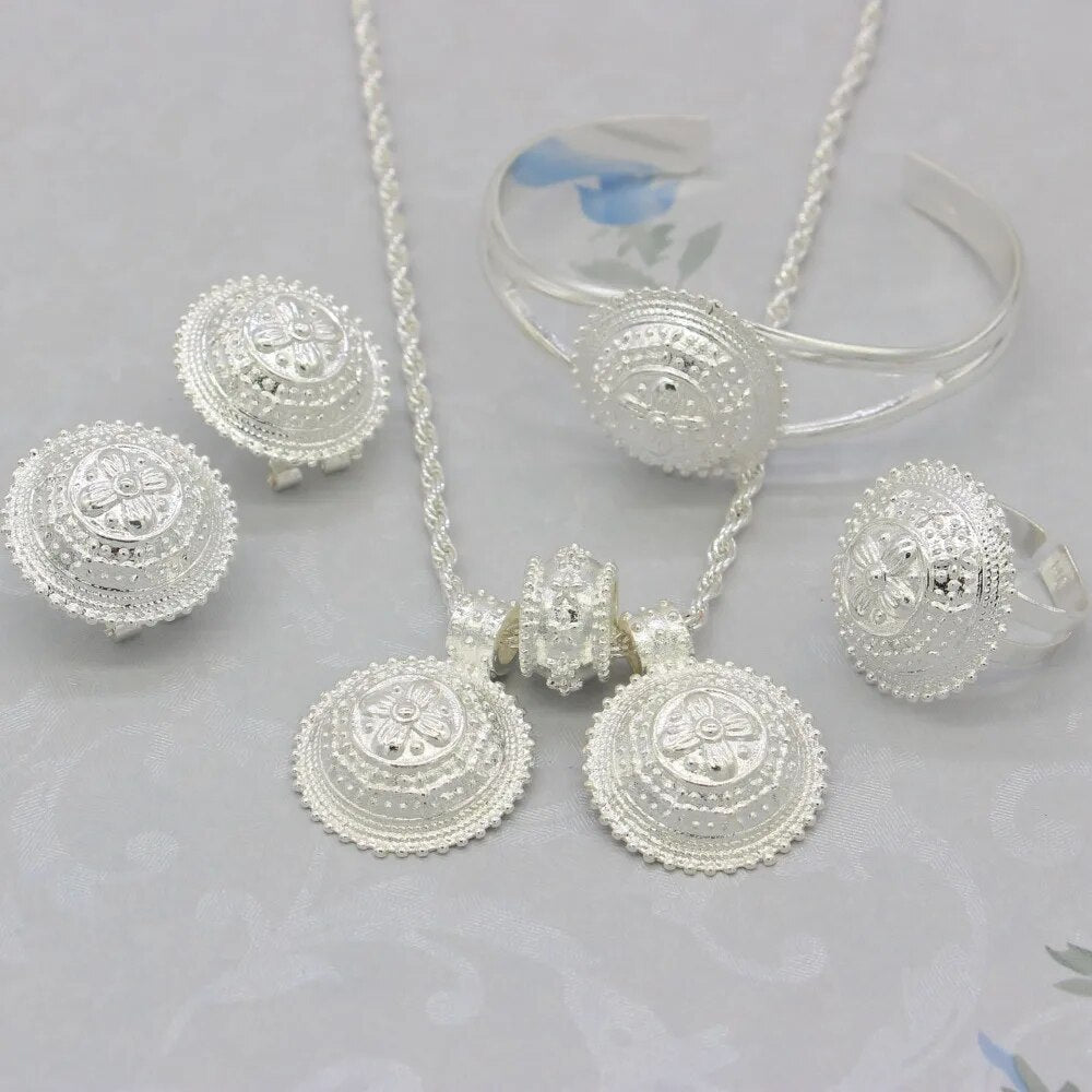Adixyn Ethiopian Jewelry set For Women Silver Plated Necklace/Pendant/Earrings/Bangle/Ring African Habesha Jewelry sets