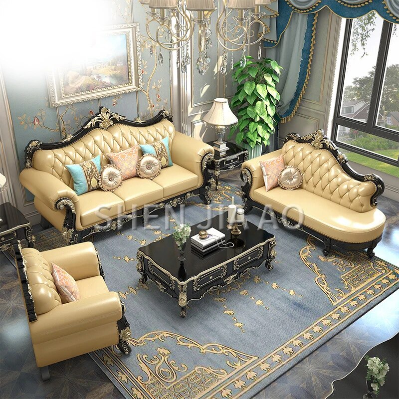 European Leather Sofa Luxury Solid Carved Sofa Living Room Solid Carved Combination Furniture Leather Sofa 1PC
